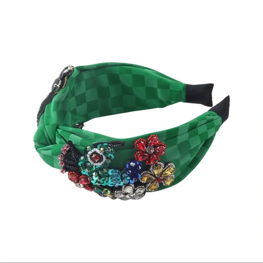 New Handmade Green Gems Beaded Glamorous and Pearls Parrot Quality Headband - Picture 3 of 8